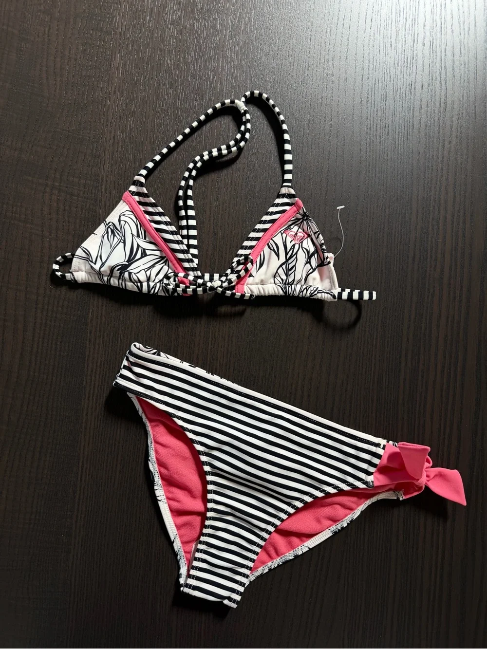 Girls Black & White Stripe Two-Piece Swimsuit with Pink Accents